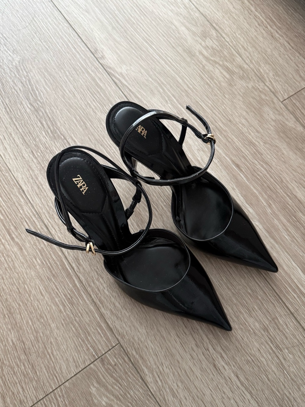 Zara Strappy Black Patent Leather Pointed Toe Heels